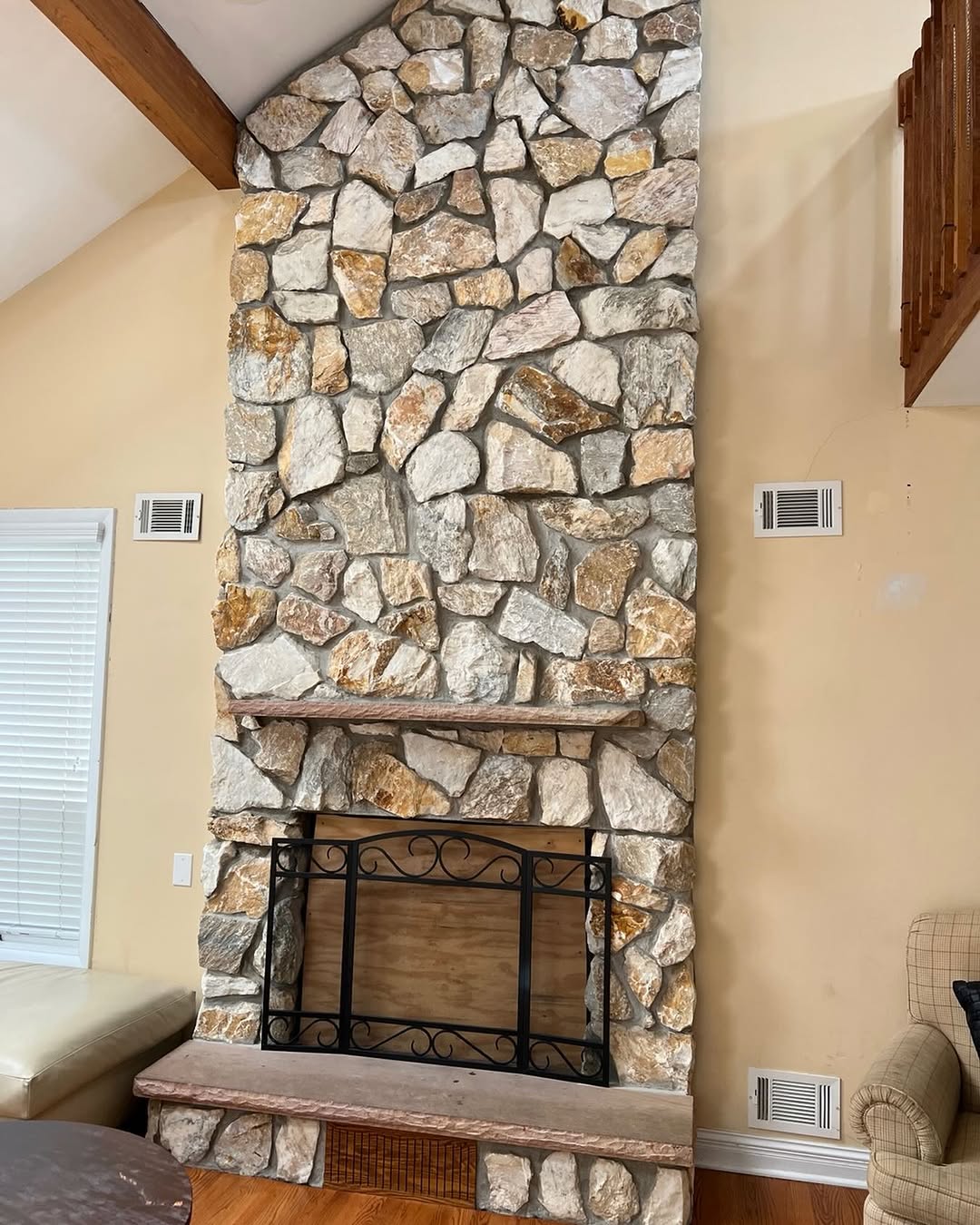 Interior stone fireplace